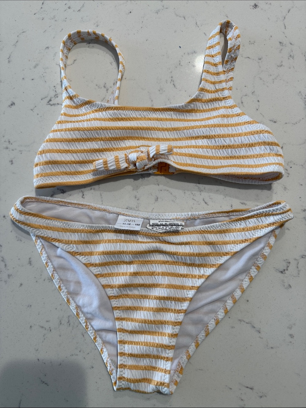 Zara White and Mustard Striped Knot-Front Bikini
